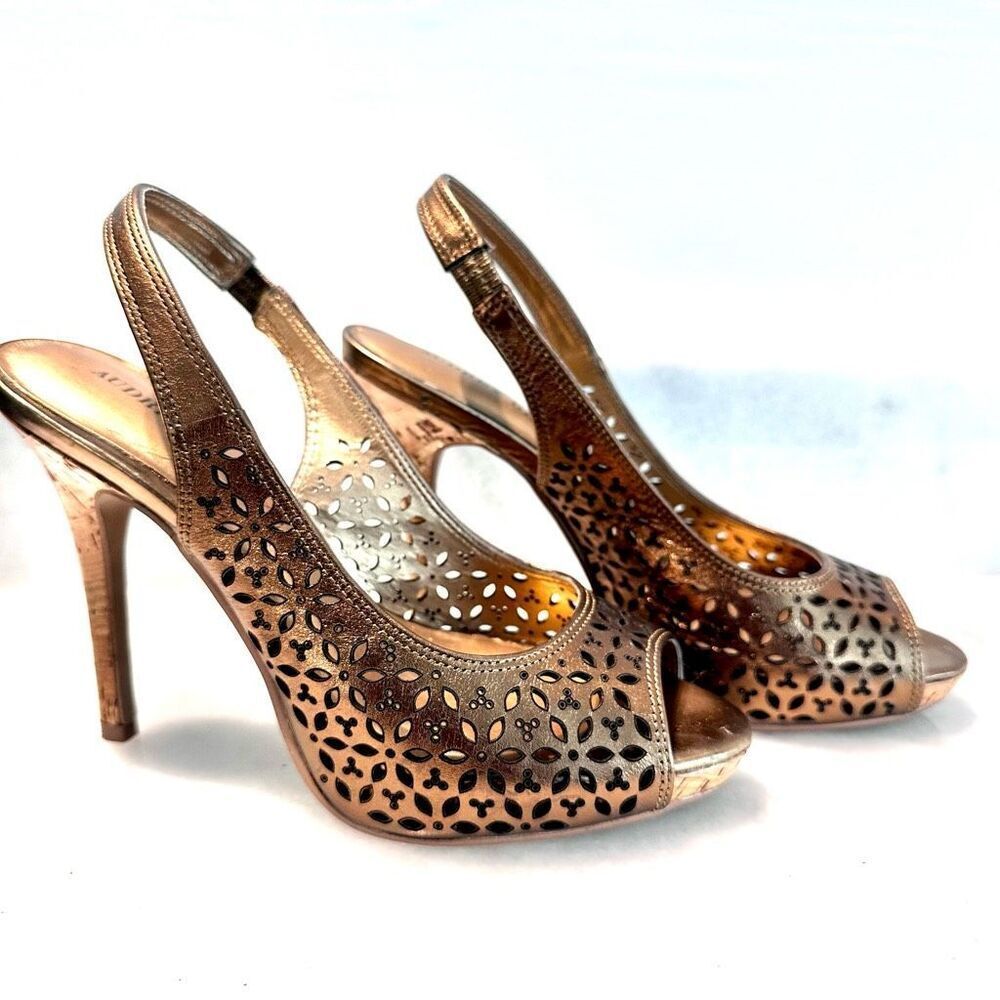 Audrey Brooke Womens Metallic Bronze Slingback Open Toe Heels Pump Floral Cutout